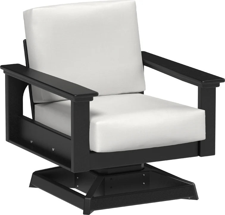 This image shows the deep seating swivel rocker chair on a white background. The frames are black and the cushions are canvas.