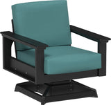 This image shows the deep seating swivel rocker chair on a white background. The frames are black and the cushions are cast breeze.