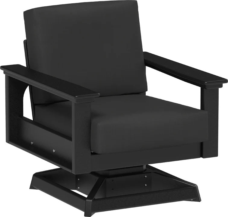 This image shows the deep seating swivel rocker chair on a white background. The frames are black and the cushions are spectrum carbon.