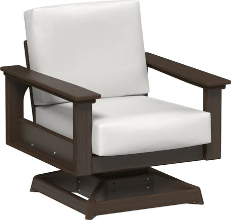 This image shows the deep seating swivel rocker chair on a white background. The frames are Brazilian walnut and the cushions are canvas.