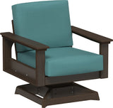 This image shows the deep seating swivel rocker chair on a white background. The frames are Brazilian walnut and the cushions are cast breeze.