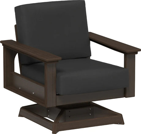 This image shows the deep seating swivel rocker chair on a white background. The frames are Brazilian walnut and the cushions are spectrum carbon.