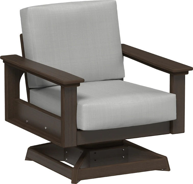 This image shows the deep seating swivel rocker chair on a white background. The frames are Brazilian walnut and the cushions are spectrum dove.