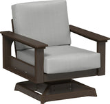 This image shows the deep seating swivel rocker chair on a white background. The frames are Brazilian walnut and the cushions are spectrum dove.