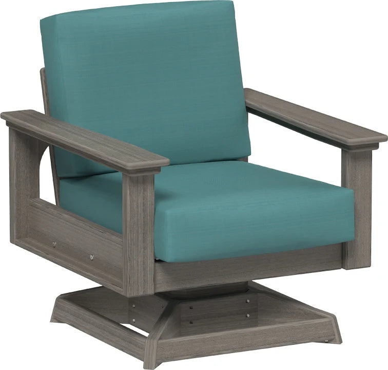 This image shows the deep seating swivel rocker chair on a white background. The frames are coastal gray and the cushions are cast breeze.