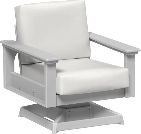 This image shows the deep seating swivel rocker chair on a white background. The frames are dove gray and the cushions are canvas.