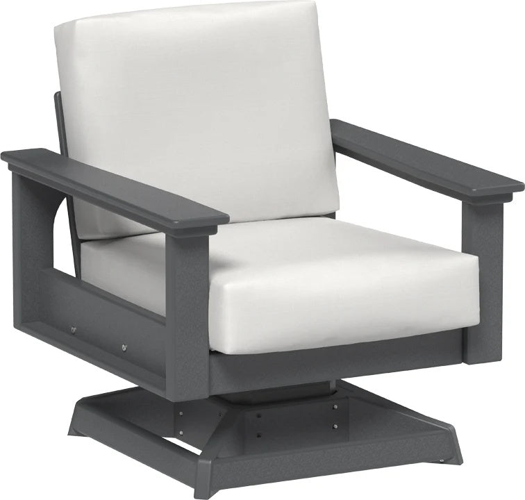 This image shows the deep seating swivel rocker chair on a white background. The frames are slate and the cushions are canvas.