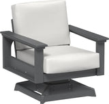 This image shows the deep seating swivel rocker chair on a white background. The frames are slate and the cushions are canvas.