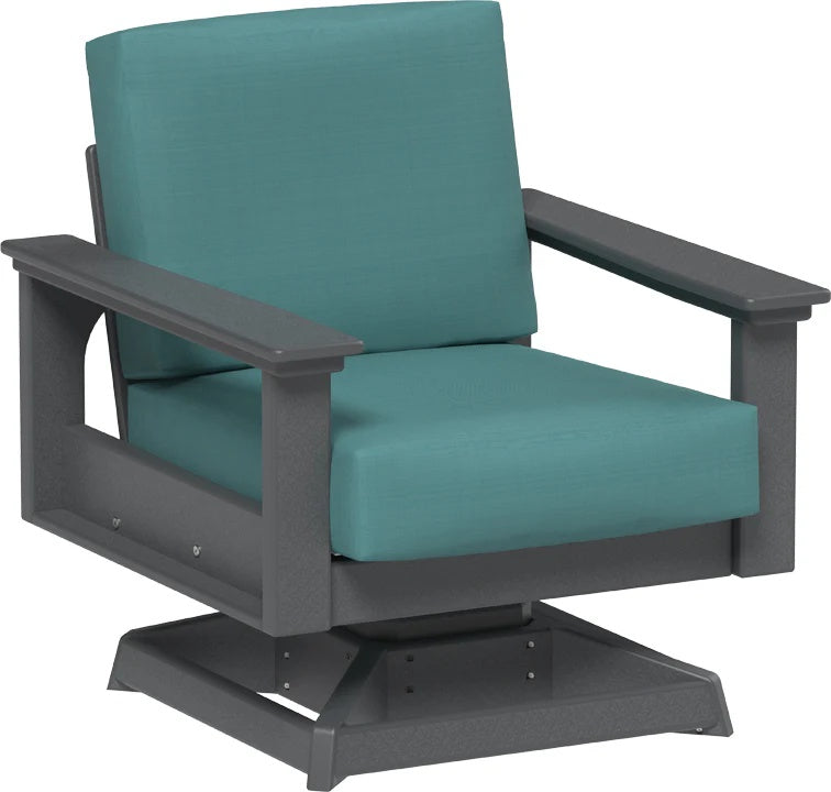 This image shows the deep seating swivel rocker chair on a white background. The frames are slate and the cushions are cast breeze.