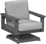 This image shows the deep seating swivel rocker chair on a white background. The frames are slate and the cushions are spectrum dove.