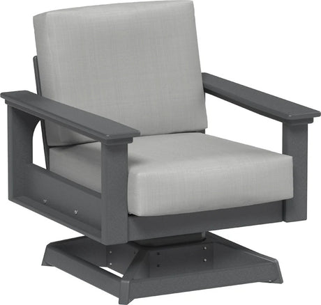 This image shows the deep seating swivel rocker chair on a white background. The frames are slate and the cushions are spectrum dove.