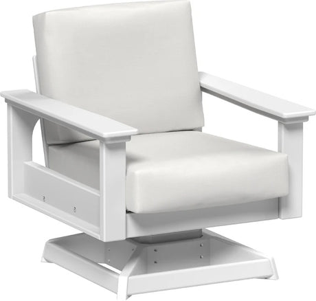 This image shows the deep seating swivel rocker chair on a white background. The frames are white and the cushions are canvas.