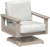 This image shows the deep seating swivel rocker chair on a white background. The frames are weatherwood and the cushions are canvas.