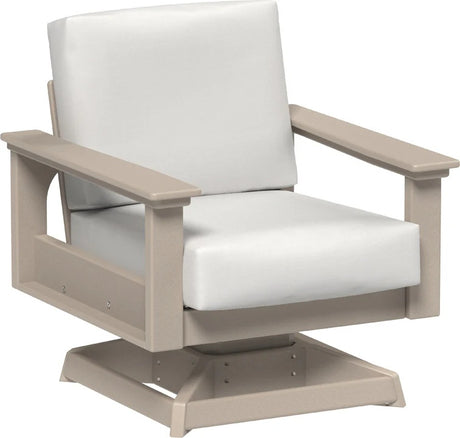 This image shows the deep seating swivel rocker chair on a white background. The frames are weatherwood and the cushions are canvas.