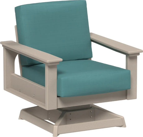 This image shows the deep seating swivel rocker chair on a white background. The frames are weatherwood and the cushions are cast breeze.