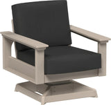 This image shows the deep seating swivel rocker chair on a white background. The frames are weatherwood and the cushions are spectrum carbon.