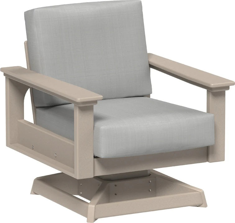 This image shows the deep seating swivel rocker chair on a white background. The frames are weatherwood and the cushions are spectrum dove.