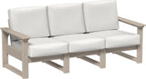 This image shows the deep seating sofa on a white background. The frames are weatherwood and the cushions are canvas.