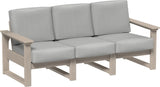 This image shows the deep seating sofa on a white background. The frames are weatherwood and the cushions are spectrum dove.