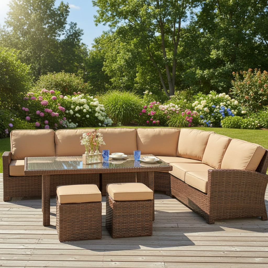 This is a lifestyle image showing this outdoor sectional sofa, coffee table and two square ottomans on a wooden porch in a backyard full of pretty flowers and bushes.
