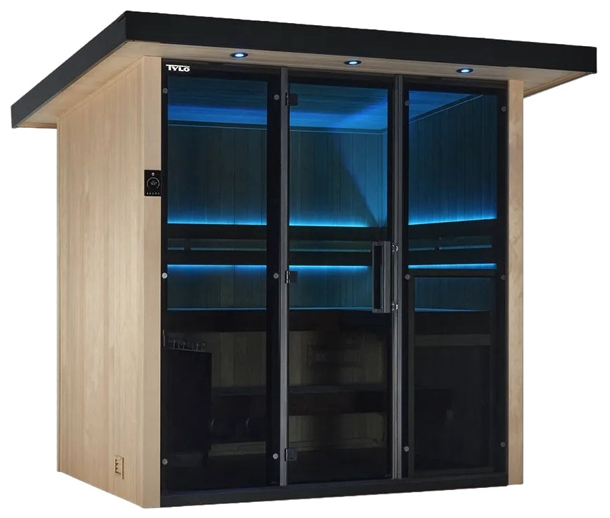This image shows the Lulea 4 person Tylo sauna on a white background.