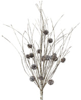 Decorative pick spray designed to look like it's made out snow-covered twigs and pine cones.