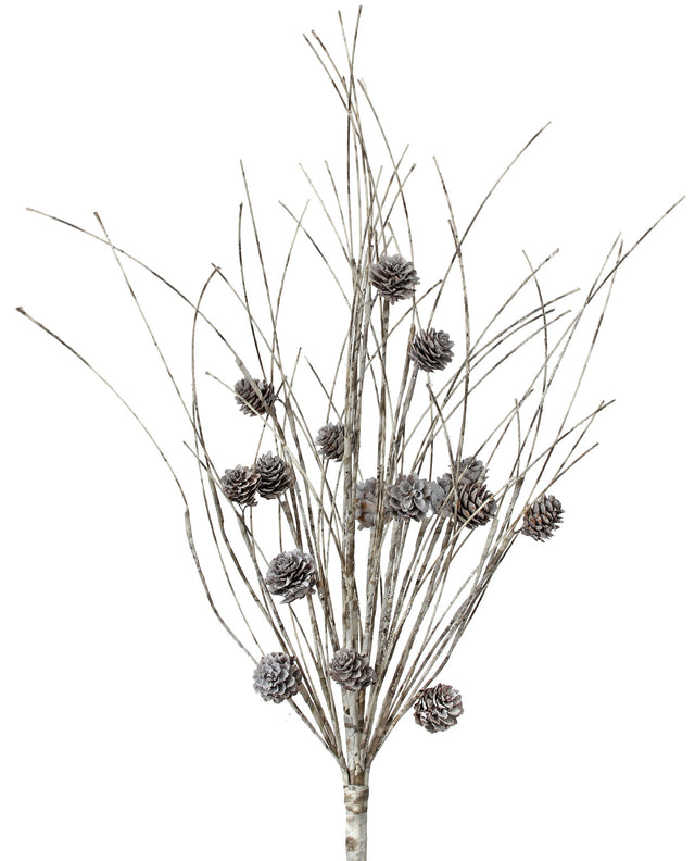 Decorative pick spray designed to look like it's made out snow-covered twigs and pine cones.