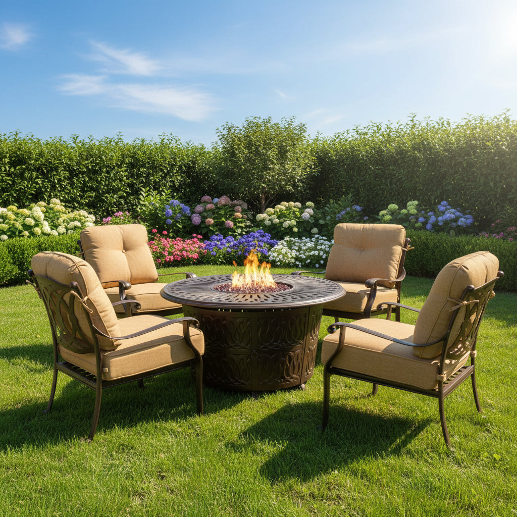 This is a lifestyle image showing this four cushioned patio chairs around a fire pit table in a grassy backyard surrounded by lots of pretty flowers.