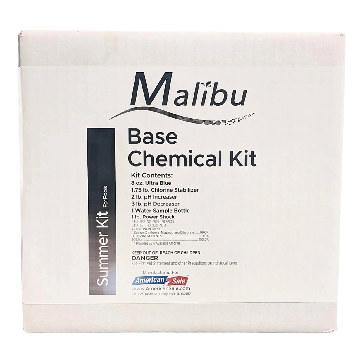 This image shows the box that this pool opening kit comes in on a white background. The box reads "Malibu. Summer Kit for Pools. Base Chemical Kit. 

Kit Contents:
8 oz. of Ultra Blue
1.75 lb. Chlorine Stabilizer
2 lb. pH Increaser
3 lb. pH Decreaser
(1) Water Sample Bottle
1 lb. Power Shock.

Keep out of reach of children. Manufactured for American Sale."