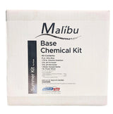This image shows the box that this pool opening kit comes in on a white background. The box reads "Malibu. Summer Kit for Pools. Base Chemical Kit. 

Kit Contents:
8 oz. of Ultra Blue
1.75 lb. Chlorine Stabilizer
2 lb. pH Increaser
3 lb. pH Decreaser
(1) Water Sample Bottle
1 lb. Power Shock.

Keep out of reach of children. Manufactured for American Sale."