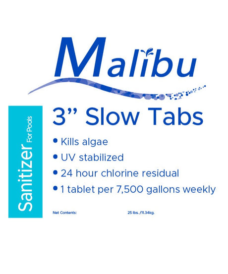Malibu 3" Slow Tabs sanitizer for pools on a white background