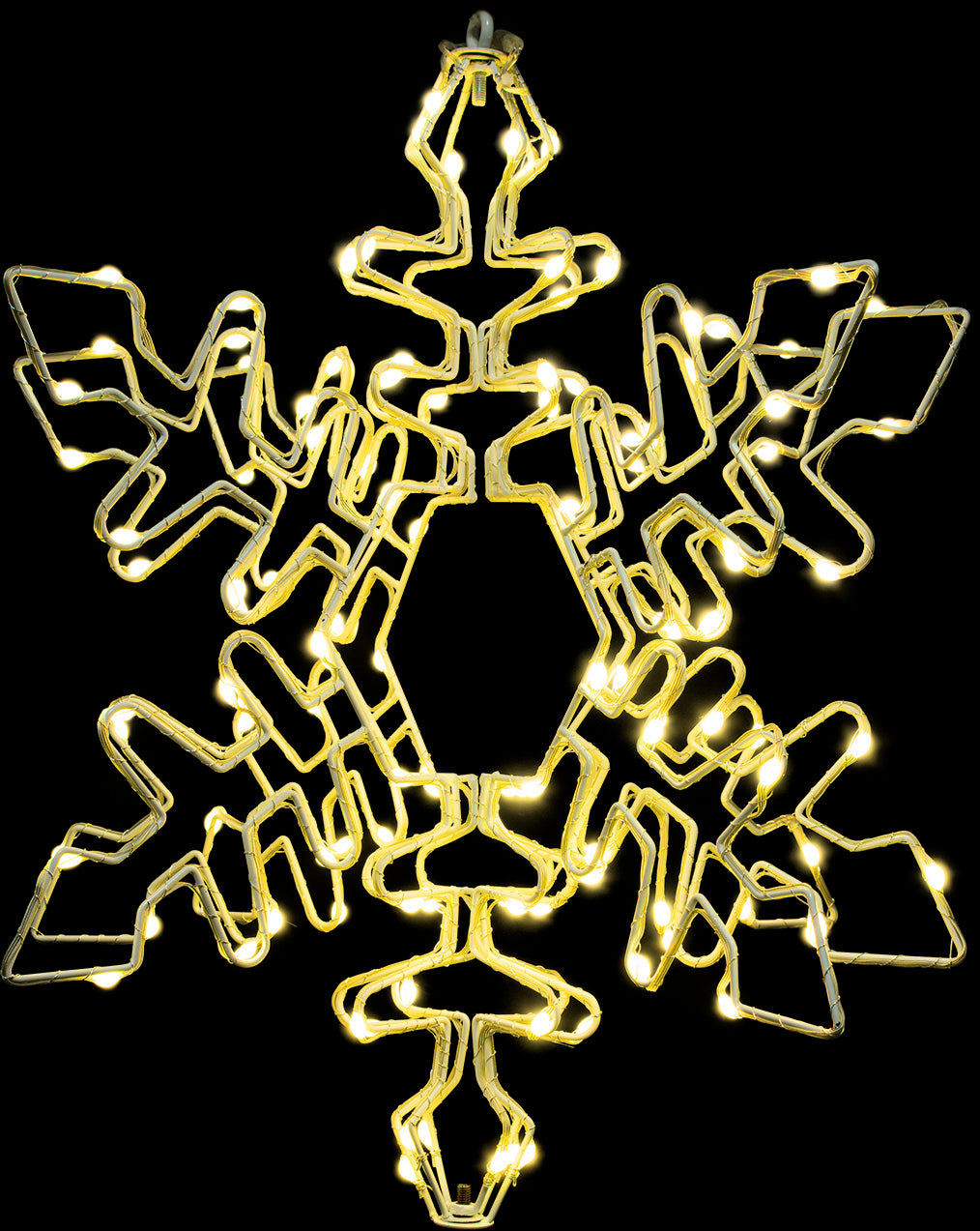 Hanging decoration shaped like a snowflake with a foldable design. Pre-lit with LED lights that can be controlled by an app.