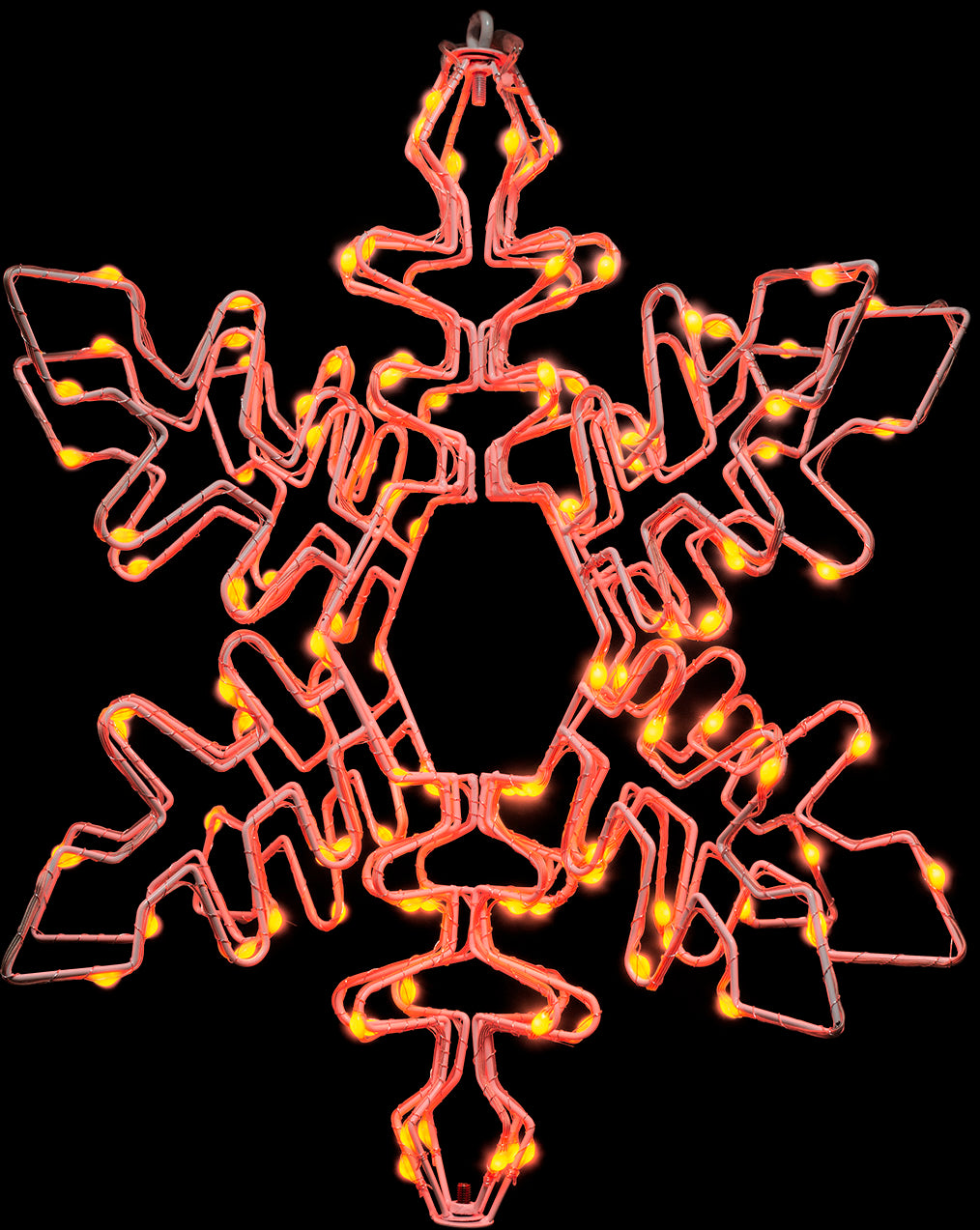 Hanging decoration shaped like a snowflake with a foldable design. Pre-lit with LED lights that can be controlled by an app.