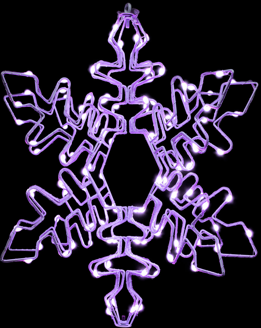 Hanging decoration shaped like a snowflake with a foldable design. Pre-lit with LED lights that can be controlled by an app.