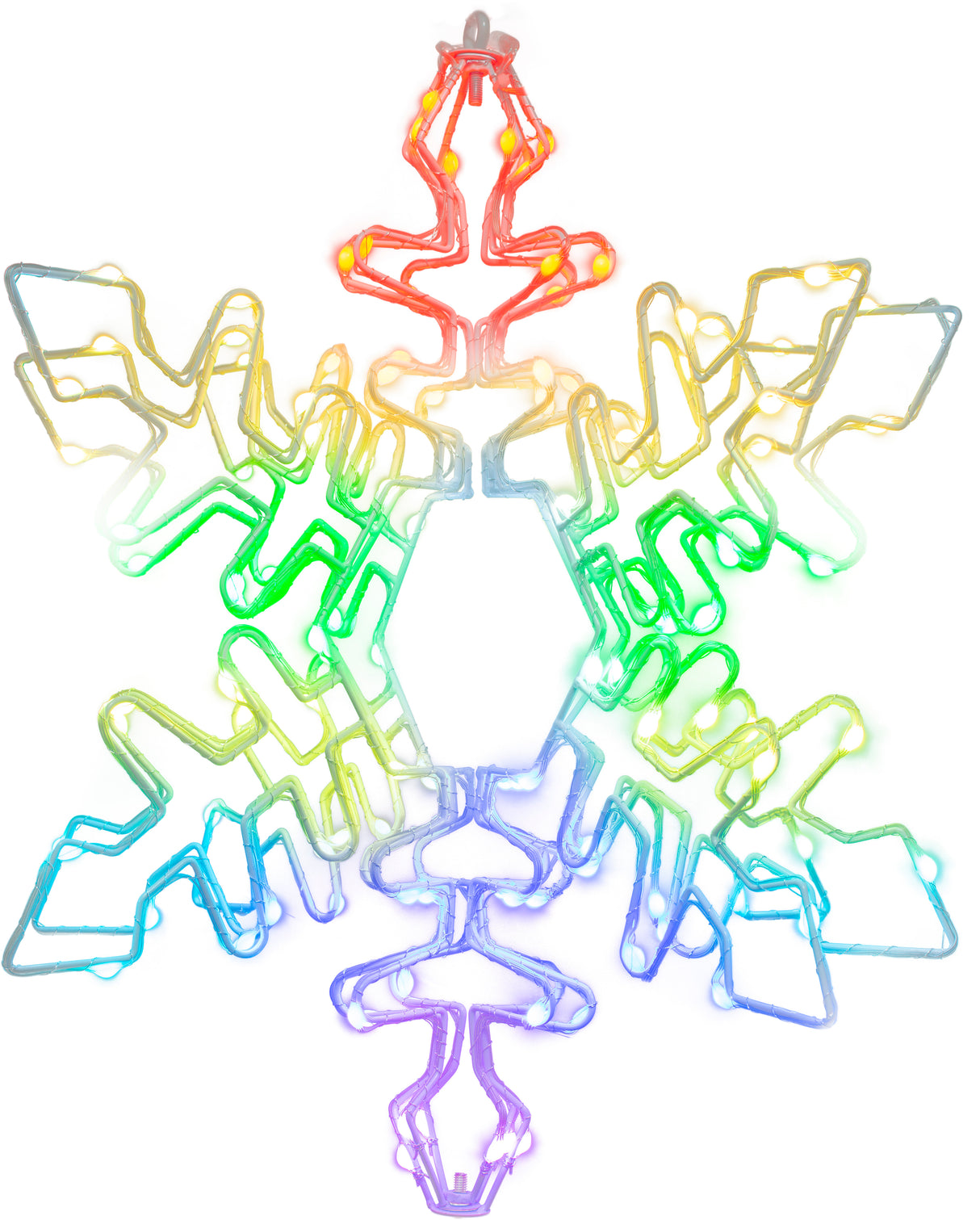 Hanging decoration shaped like a snowflake with a foldable design. Pre-lit with LED lights that can be controlled by an app.