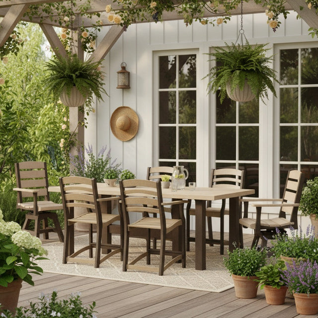 This is a lifestyle image showing the patio dining set on a backyard patio underneath a pergola decorated with flowers.