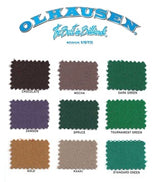 This image shows the nine different pool table felt color options from Olhausen.