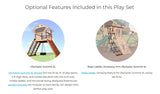 Optional features included in this play set: This XL playset fort has 25 sq. ft. of play space, a 6' high deck and comes standard with the rock wall, combo ladder and tire swivel swing. Backyard Adventures playsets are modular so each family can design their perfect play area. Rope Ladder - Climbing feature for Olympian Summit  XL swing set forts.