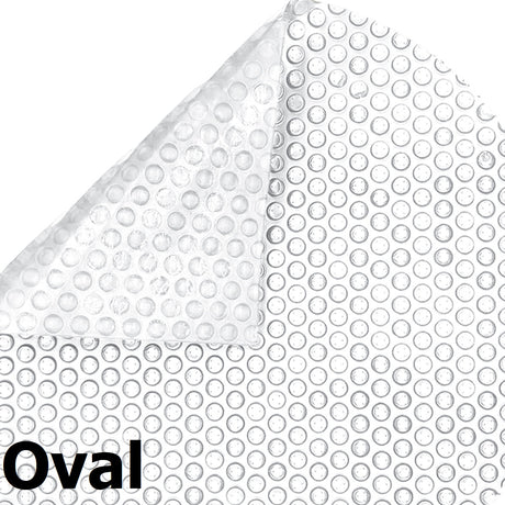 A clear solar pool cover with thousands of tiny air bubbles. It reads "Oval" in the left hand corner.