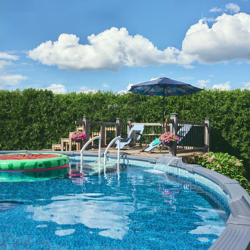 pool and patio deck with floats