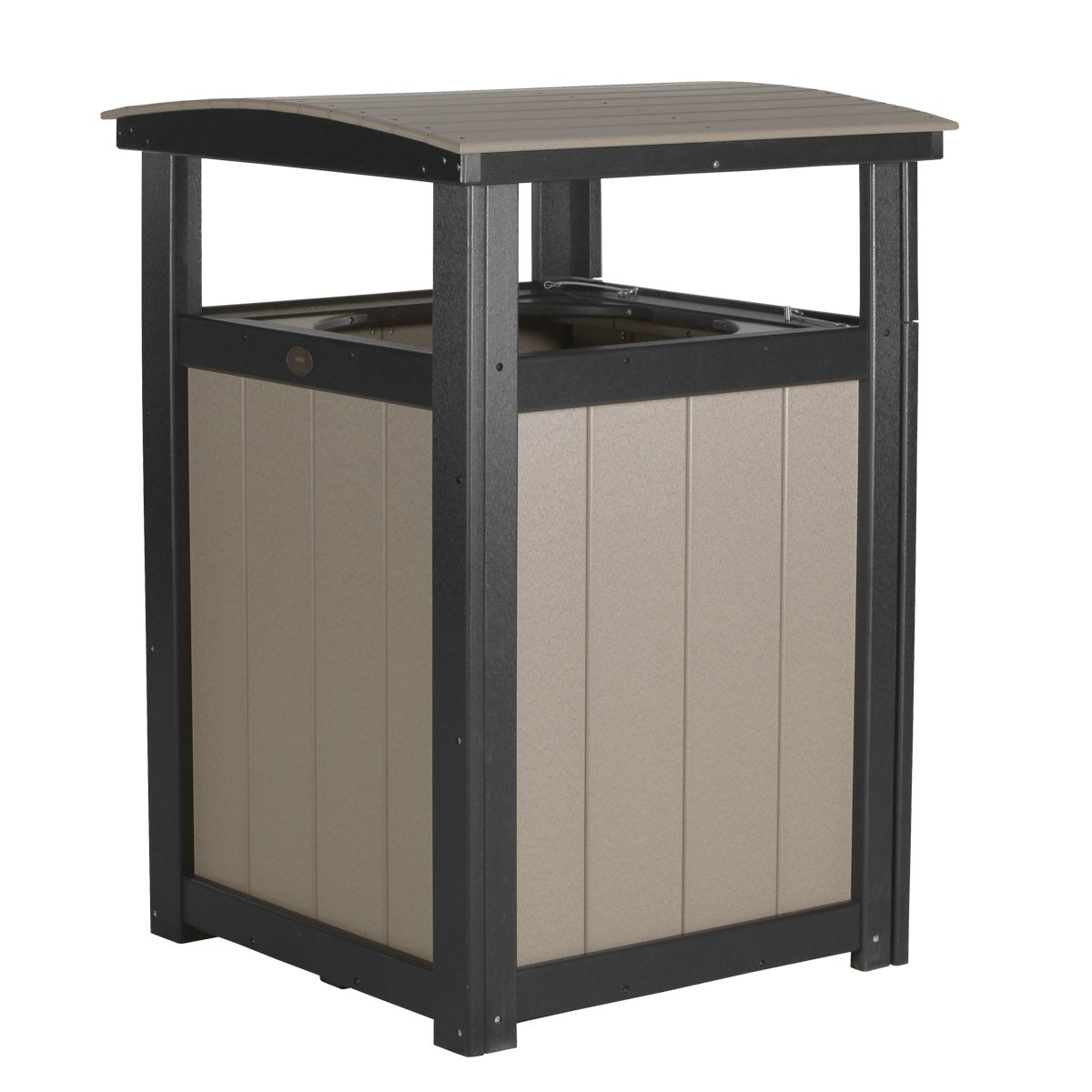 This is the Weatherwood and Black colored trash can on a white background.