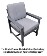 This image shows the club chair on a white background. The image also reads "In Stock Frame Finish: Dark Gray. In Stock Cushion Fabric Color: Gray."