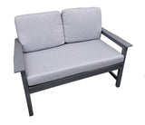 This image shows what the cushioned loveseat on a white background. The frames are a dark gray color and the cushions are a light gray color.
