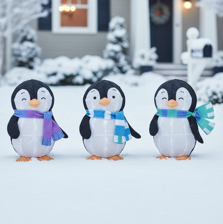 This is a lifestyle image showing these three penguin sculptures in a snowy yard in front of a house decorated for Christmas.