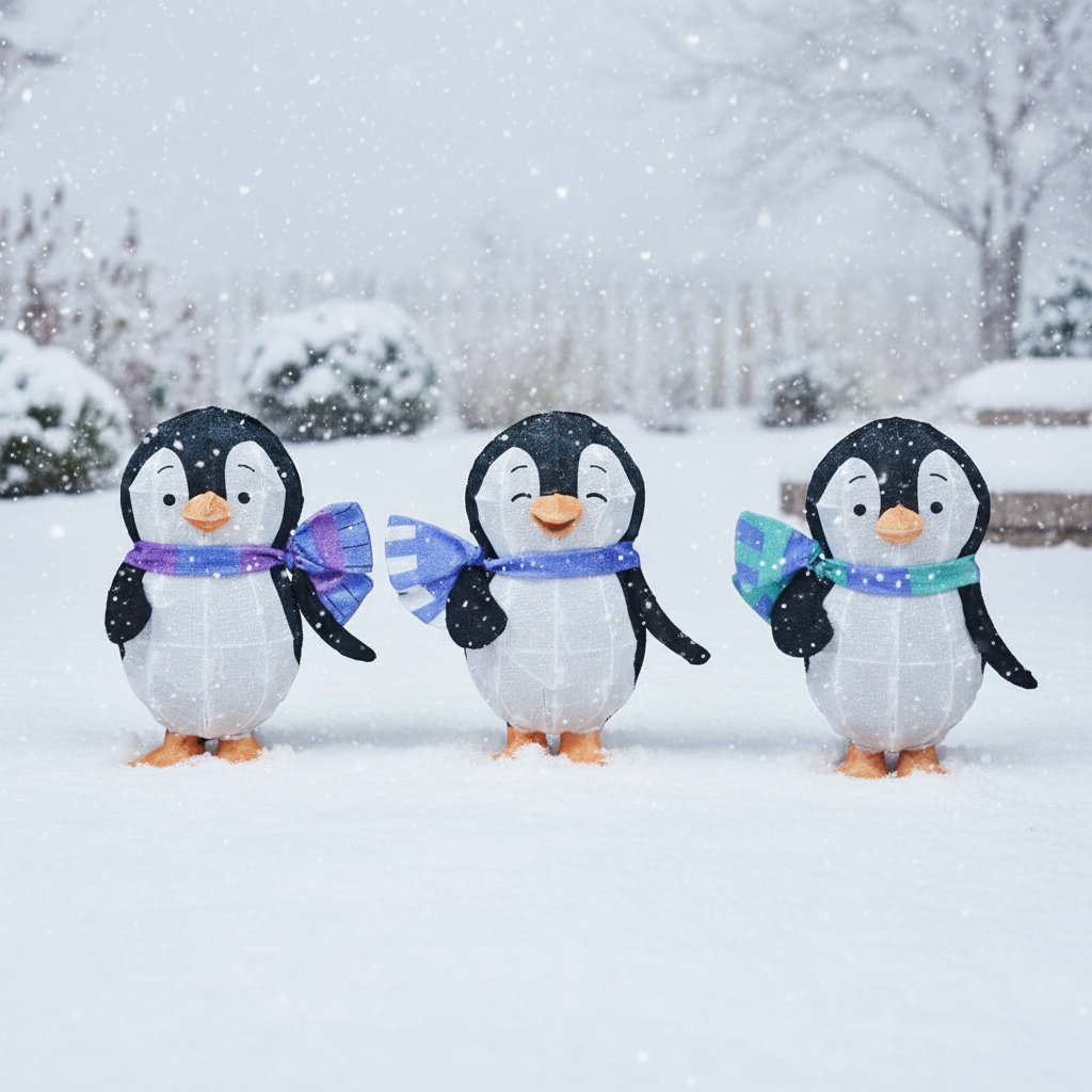 This is a lifestyle image showing these three Penguin decorations in a yard during a snowstorm.