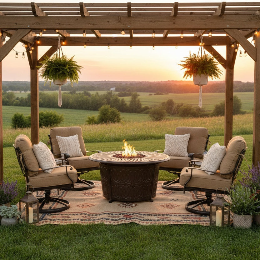 This is a lifestyle image showing the tan and brown colored furniture set on an outdoor rug in a grassy backyard underneath a wooden pergola. There are hanging plants and hanging lights, as well as lanterns on the ground.