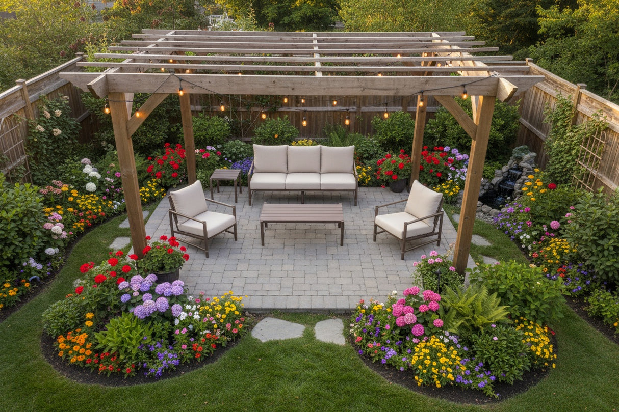 This is a lifestyle image taken from above. It's a beautiful backyard with lots of grass and flowers and a waterfall feature. The patio set is underneath a wooden pergola on a stone patio.