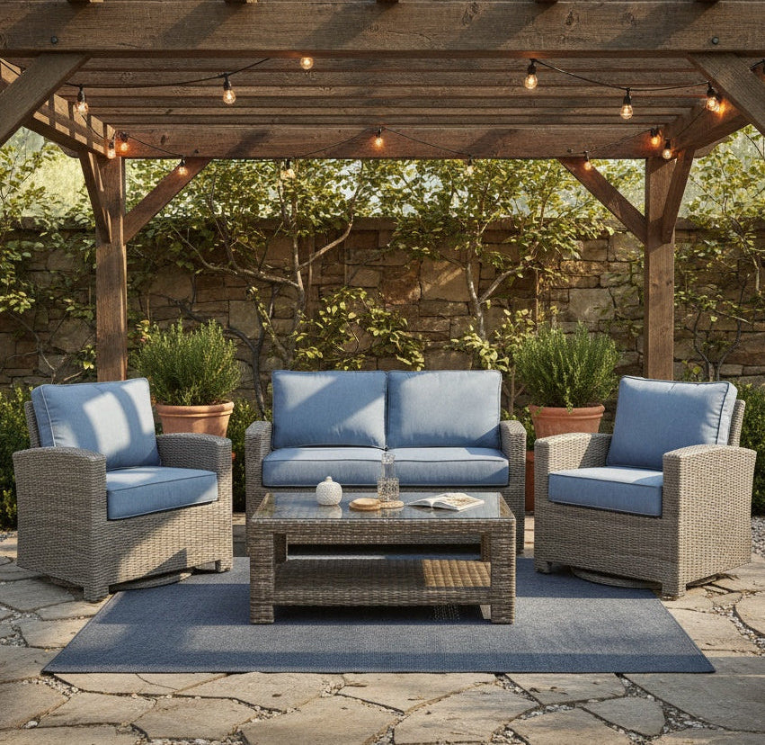 This is a lifestyle image showing this specific patio furniture set on a stone patio underneath a wooden pergola decorated with hanging string lights.