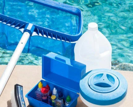 Pool maintenance tools, skimmer net, water testing, chlorinator, brush and chlorine.