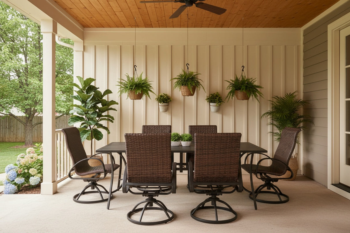 This is a lifestyle image showing this wicker patio dining set on a cover porch. There are hanging plants and potted plants.
